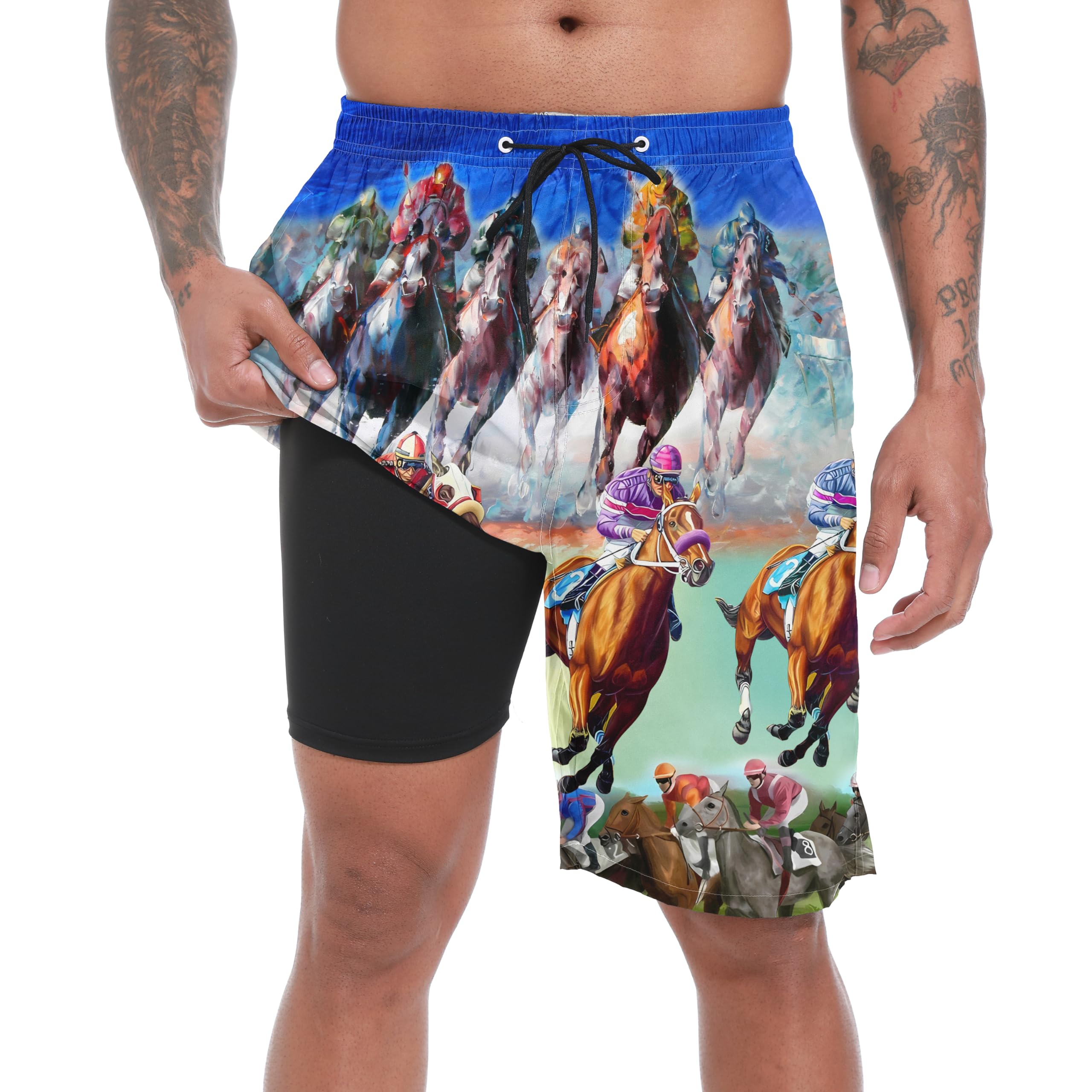 S SOIBOOGS Mens Swim Trunks with Compression Liner 9" Stretch Board Shorts 2 in 1 Quick Dry Swimsuits Bathing Suits