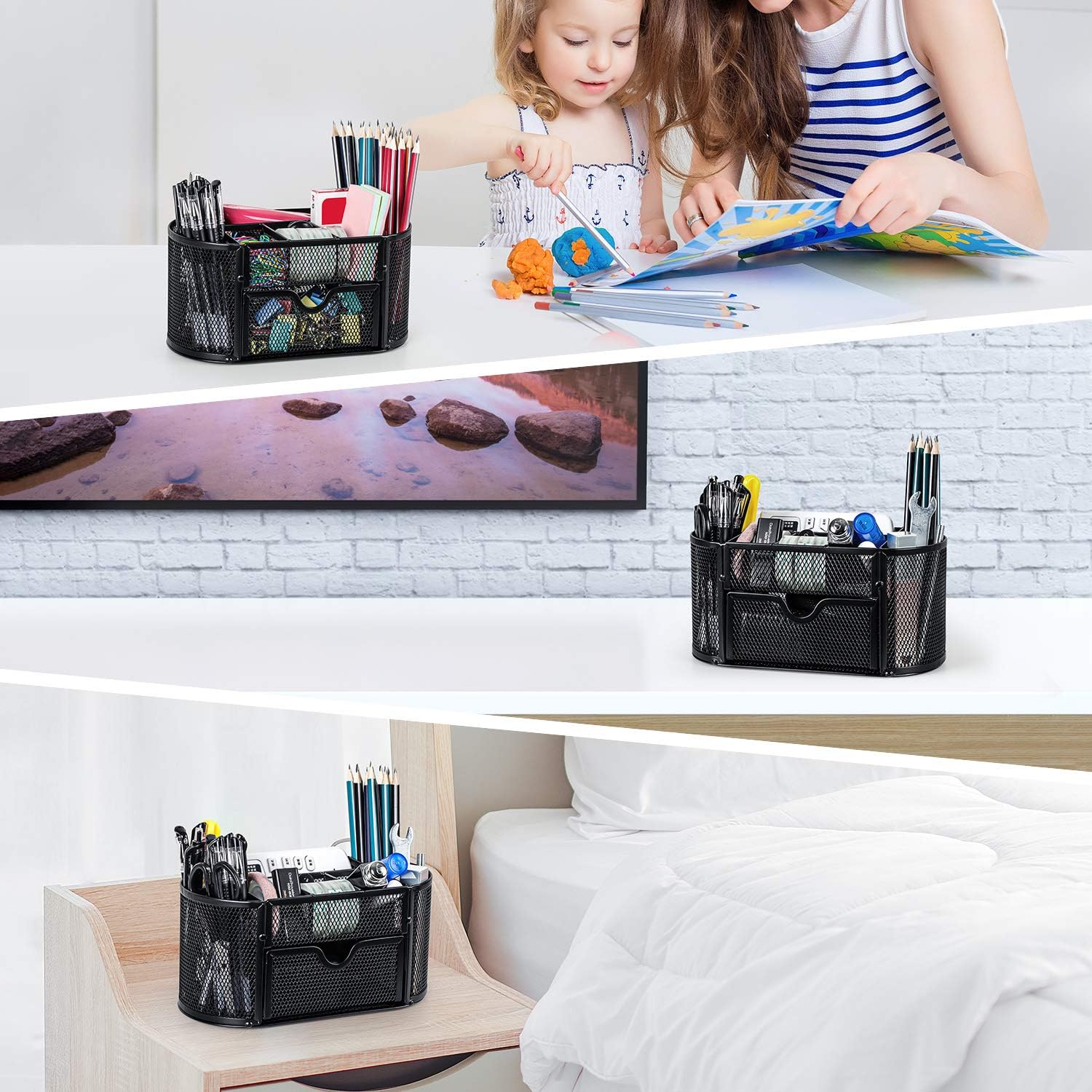 Desk Organizer Mesh Desktop Office Supplies Multi-functional Caddy Pen Holder Stationery with 8 Compartments and 1 Drawer for Office, Home, School, Classroom by Pipishell : Office Products