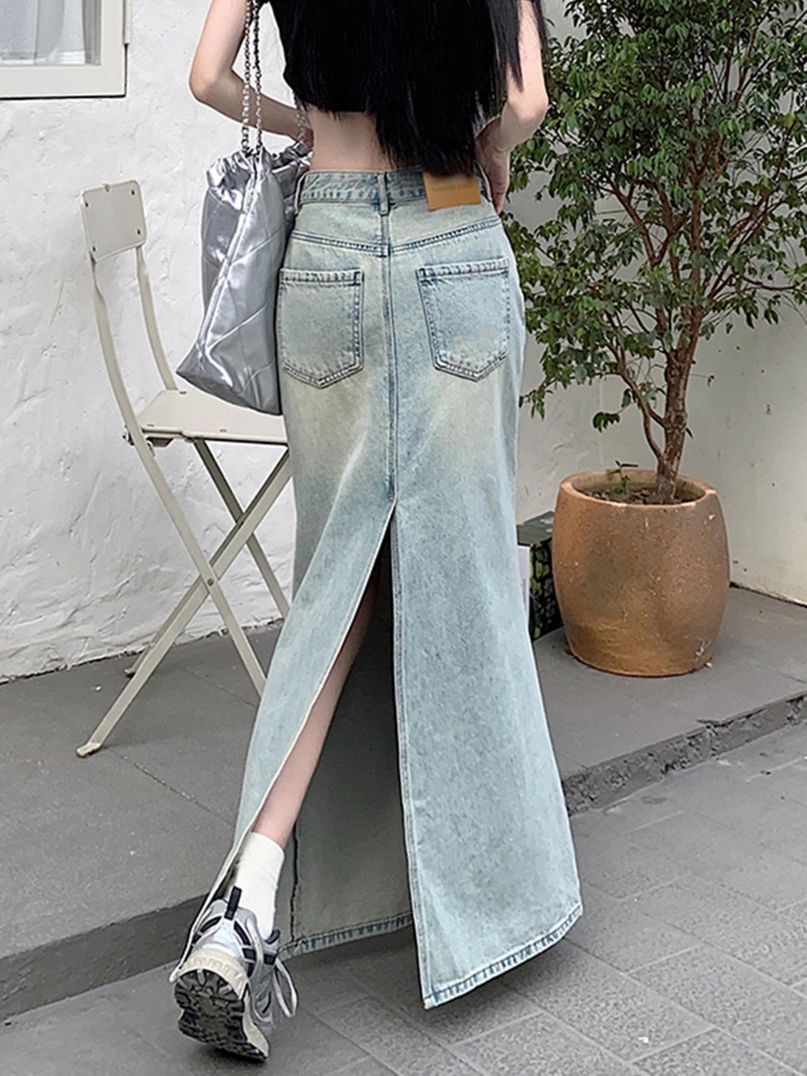 NOGRAX Satinrock Maxi Verzweifeltes Jeansrock Für Frauen Taschenrücken Schlanker Hüfte Wrap Long Jeans Rock Weiblich