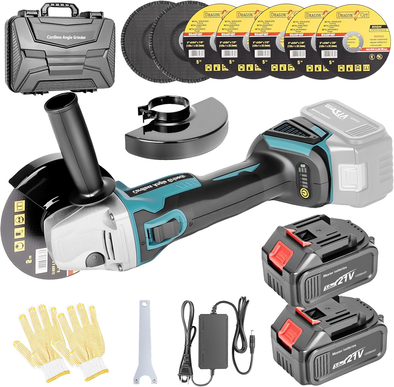 Cordless Angle Grinder with 2×4.0Ah Battery, 4-1/2" Brushless Battery Powered Grinder, 4 Variable Speed Power 8500 RPM For Metal Cutting Grinding & Polishing