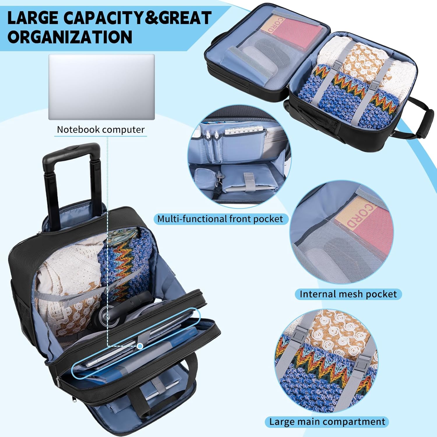 Rolling Laptop Briefcase Water-Resistant 17.3" Roller Computer Bag with wheels Travel Rolling Laptop Bag with RFID Pocket Lockable Zipper Underseat Carry On Luggage Work Travel Business Men Women