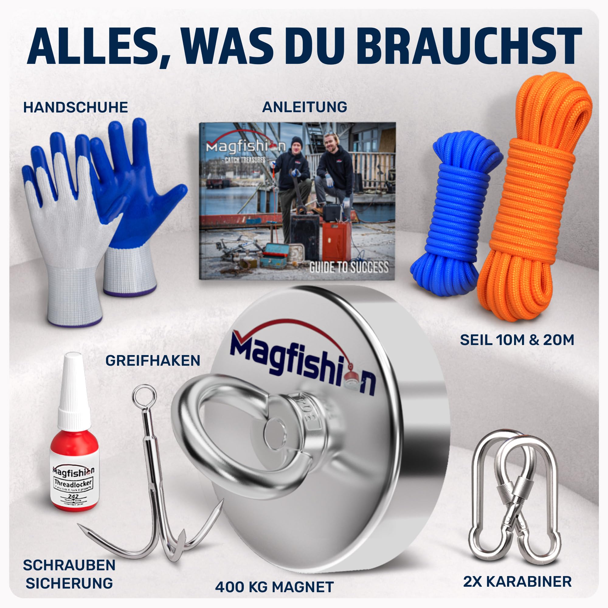 MAGFISHION Magnetfischen Set - 400 KG - Ø90mm - Neodym Magnet mit 2 Seilen, Greifhaken, Handschuhe - Magnet Fischen Angel - Ösenmagnet - Fishing Magnetangel - Magnetangeln Set