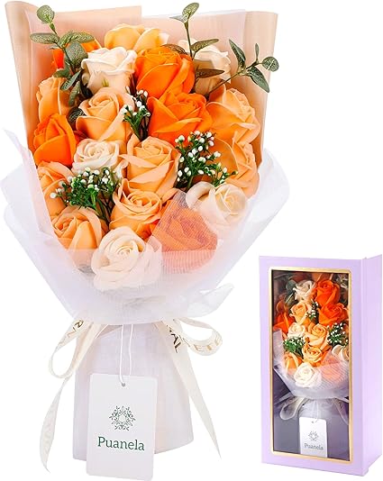 Amazon フラワーデザイナー監修 Puanela ソープフラワー 花束 誕生日 プレゼント 女性 ギフト 人気 母の日 退職 祝い 造花 ブーケ インテリア バラ オレンジ 造花 オンライン通販