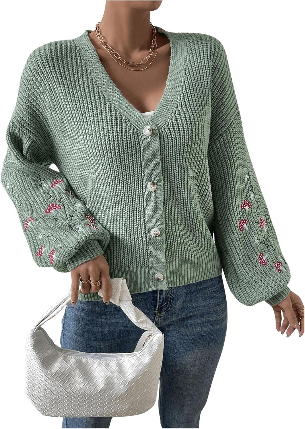 SHENHE Women's Embroidery Cardigan Drop Shoulder Button Front Duster Knit Sweater - Image 4