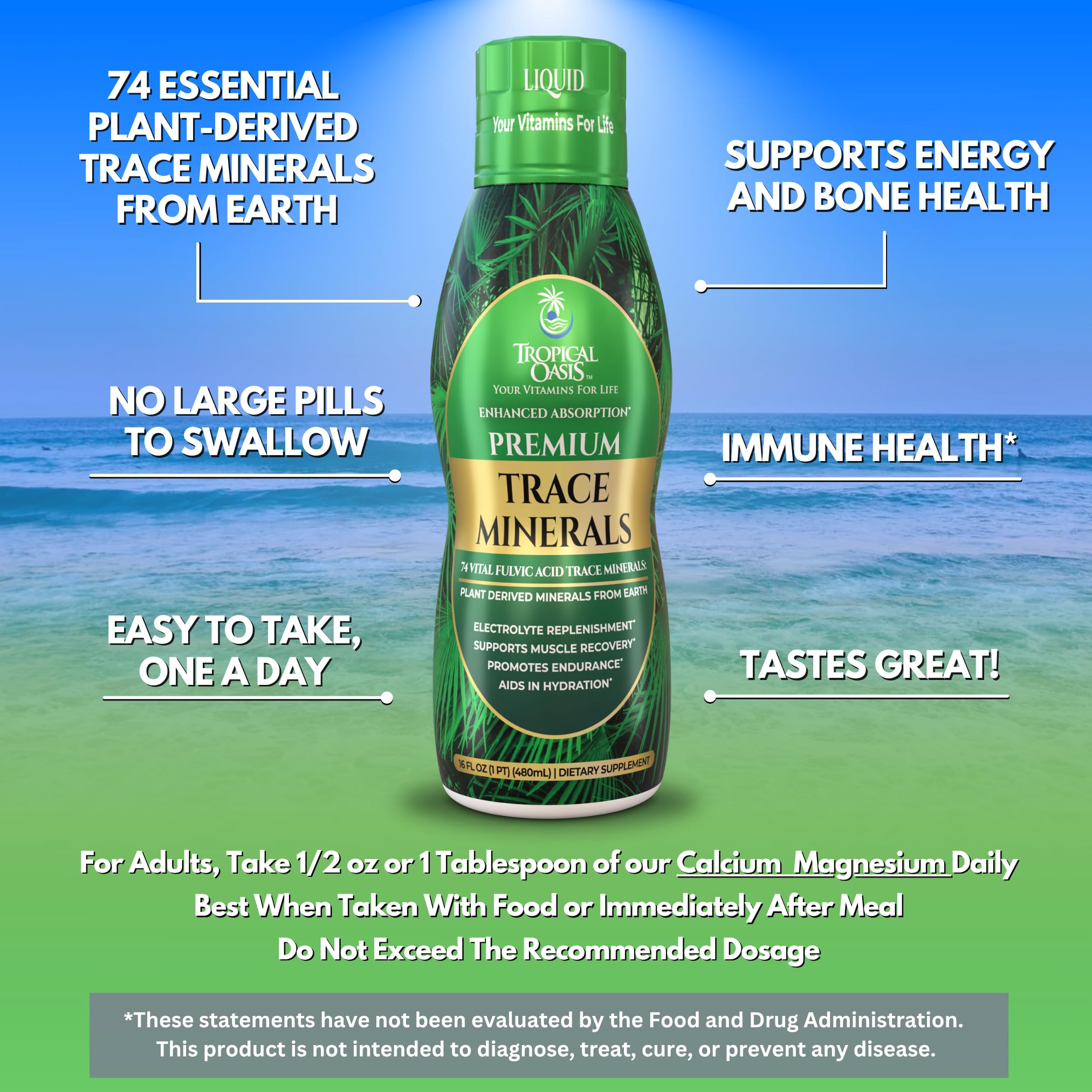 Tropical Oasis - Premium Ionized Plant Based Trace Minerals Liquid Formula- 74 essential minerals in liquid form for up to 96% Absorption - 16 oz, 32 servings — Amazon image 3