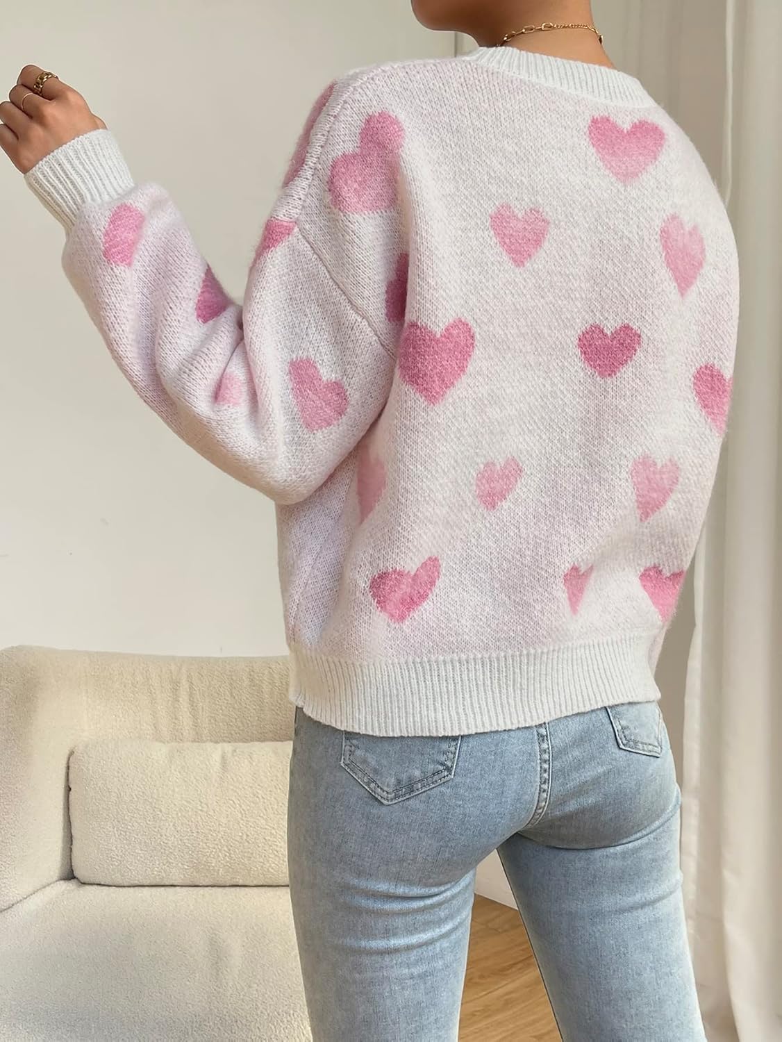 Women's Sweater Heart Pattern Drop Shoulder Sweater Sweater for Women (Color : Baby Pink, Size : Large)