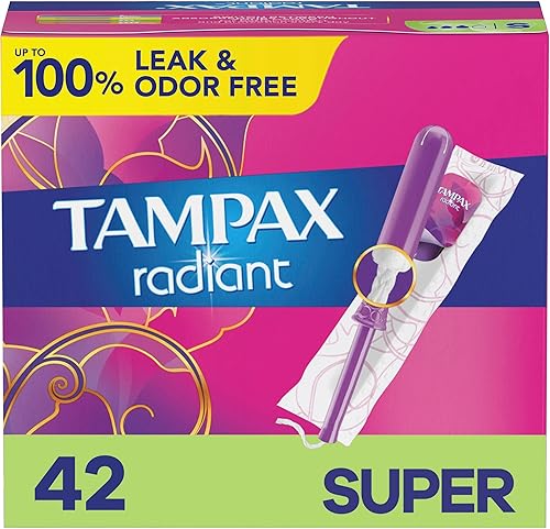 Tampax Radiant Tampons Super Absorbency con aplicador de plástico sin BPA y trenza LeakGuard, sin perfume, 42 unidades