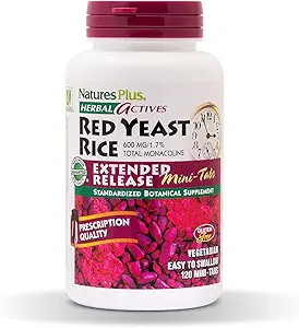NaturesPlus Herbal Actives Red Yeast Rice, Extended Release - 600mg, 120 Mini Tablets - Herbal Supplement, Cholesterol Support - Vegan, Vegetarian, Gluten-Free - 60 Servings