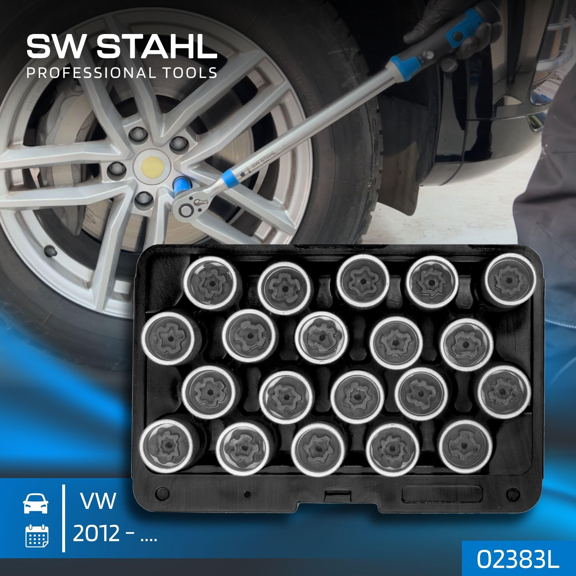 SW STAHL 02383L Set Rimozione Bulloni Antifurto VW, 20 Pezzi | Chiavi per bulloni ruota originali Volkswagen dal 2012, attacco da 1/2 pollice, estrattore serrature cerchi in lega