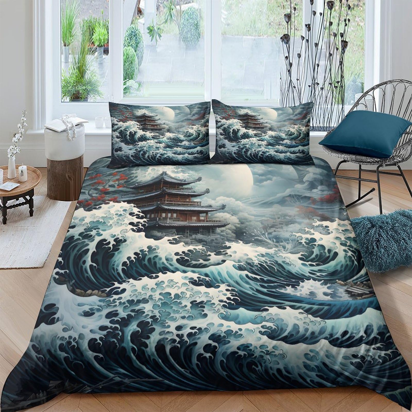 GPLZQXKJNH 3D Printed Japanese Wave Duvet Cover Microfiber Soft Breathable Moonlight Pagoda Bedding Set with 2 Pillowcases for Bedroom Decor Single（135x200cm）