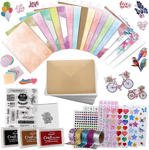 Kits de fabricación de tarjetas para adultos y niños, 24 tarjetas de felicitación en blanco y sobres con suministros y juego de sellos, juego de