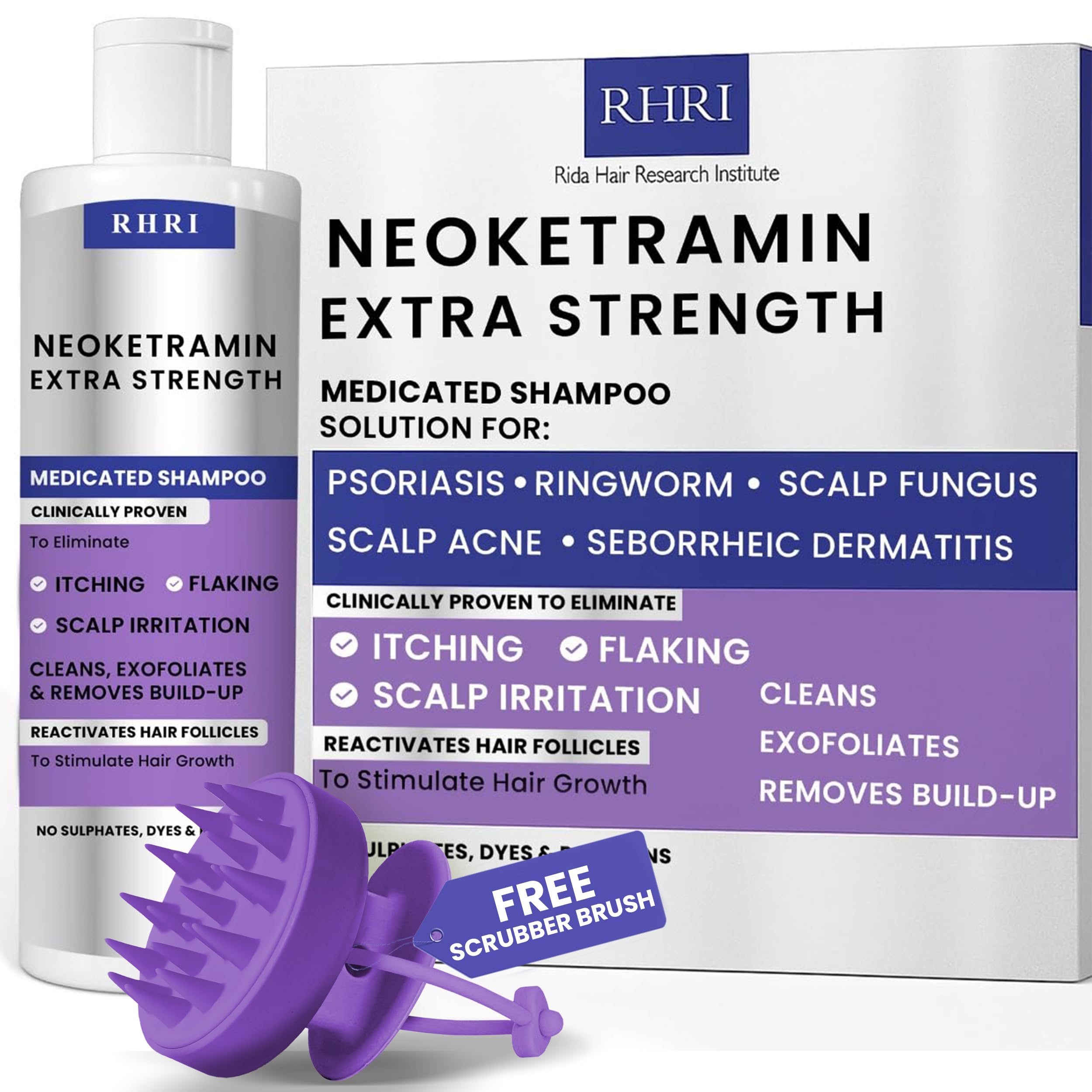 Anti Dandruff Shampoo for Men and Mulheres - Medical Treatment for Dry Hair - Relieves Kokeira, Flaky and Irritated Hair - Anti Fungal Massage Brushes, Parabens, Sulphates Set