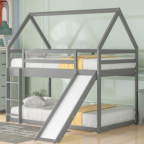 Miniatura 42 de P PURLOVE Litera de casa individual sobre individual con tobogán para niños, adolescentes, litera de madera tamaño individual con techo para sala de