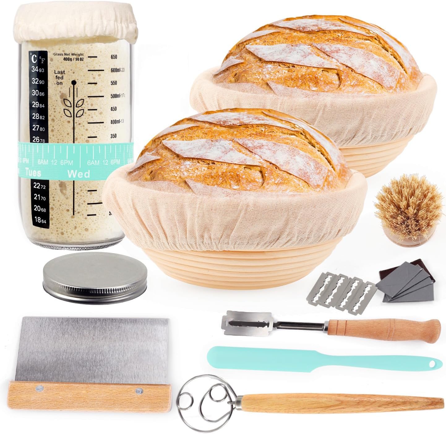 Bread Proofing Baskets, 2pcs Round 8.5inch Sourdough Starter Kit, Sourdough Bread Baking Supplies (Mint Green)