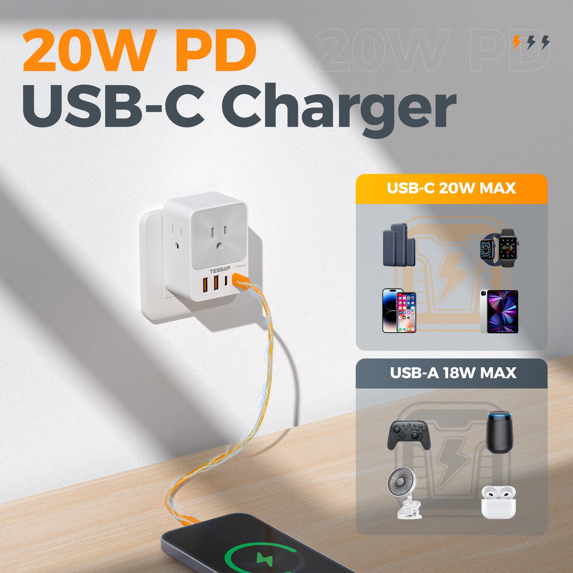 USB C Charger Block 20W PD, TESSAN 4 USB Wall Charger Fast Charging with 3 Outlet Extender Surge Protector, 3 Side Multi Port Adapter, Electric Multiple Outlet Plug for Home Office Dorm Room