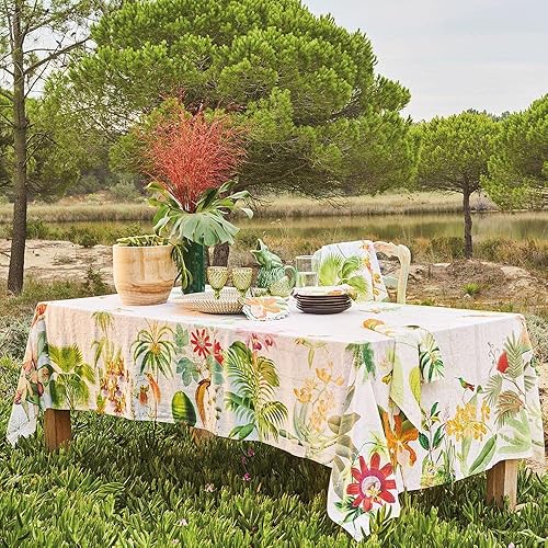 Garnier -Thiebaut, Escales Paradis - Mantel de mezcla de algodón y lino prelavado con estampado francés, 61 x 102 pulgadas