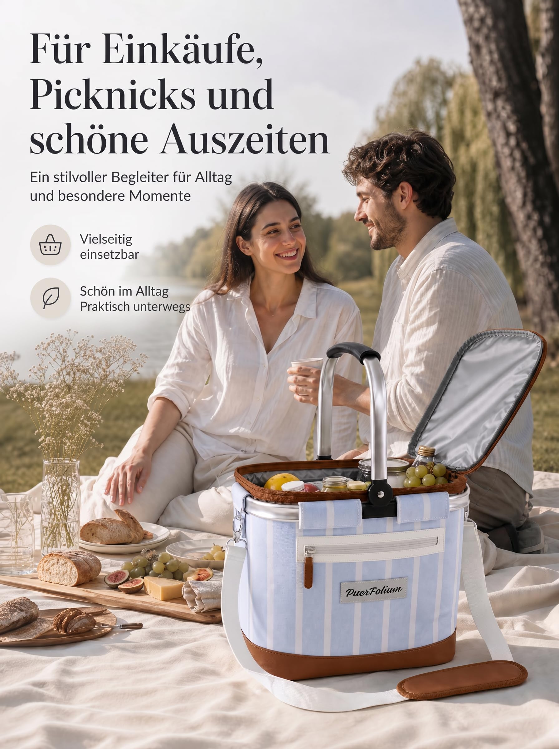 Borsa termica da 20 l, pieghevole, isolata, termica, con chiusura lampo, cestino da picnic rimovibile, in alluminio, per la spesa, picnic, colore blu