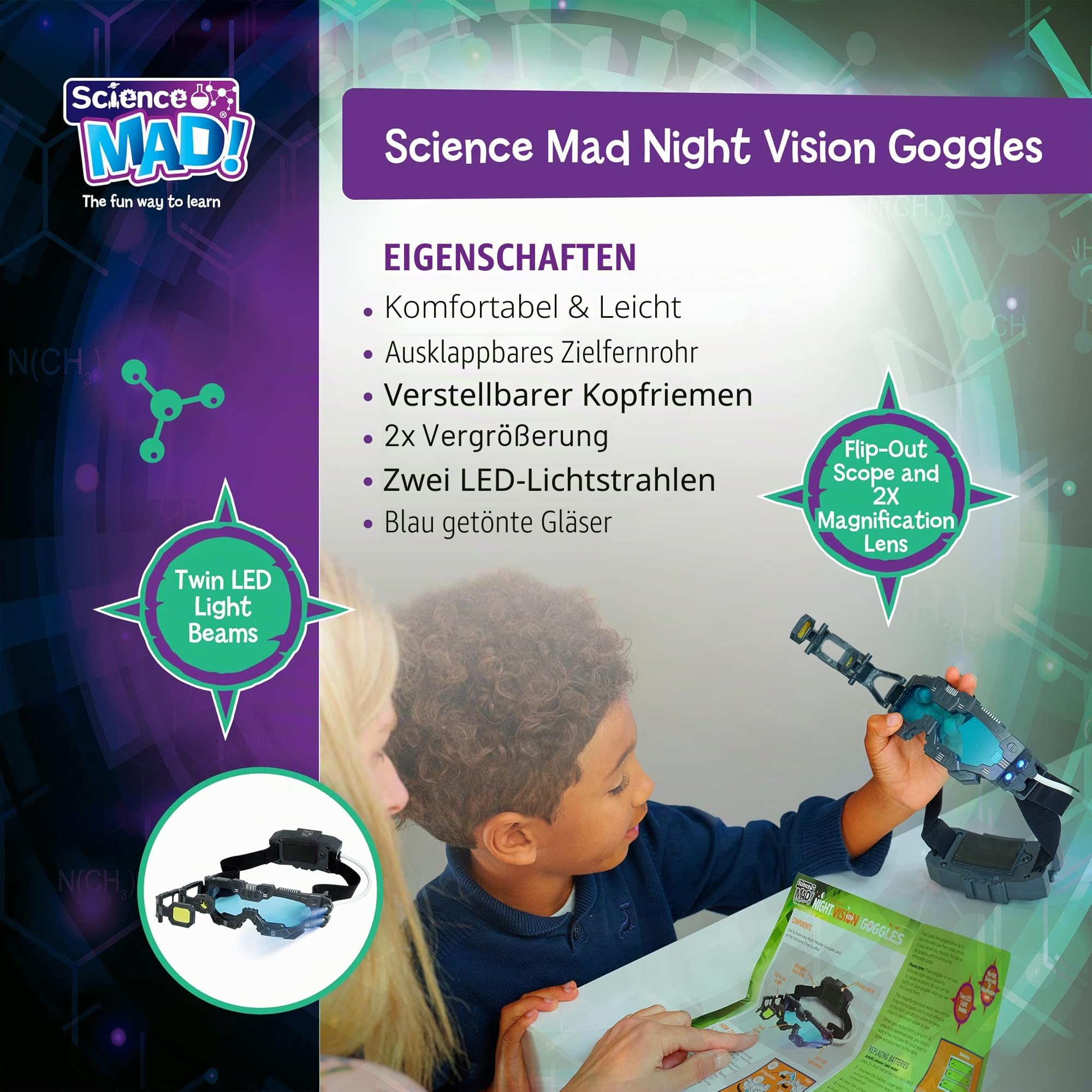 Science Mad! Nachtsichtbrille für Kinder, für lustige Nachtmissionen, leicht, ausklappbar, 2-fache Vergrößerung, Doppel-LED-Strahlen, Blaue Gläser, ab 6 Jahren, 20 x 10 x 5,5 cm (SM55), Schwarz