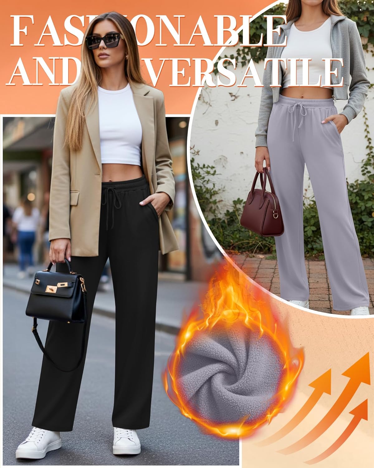 3 Pack Women's Fleece Sweatpants Thermal Wide Leg Straight Drawstring Pants Warm Open Bottoms with Pockets - Image 5