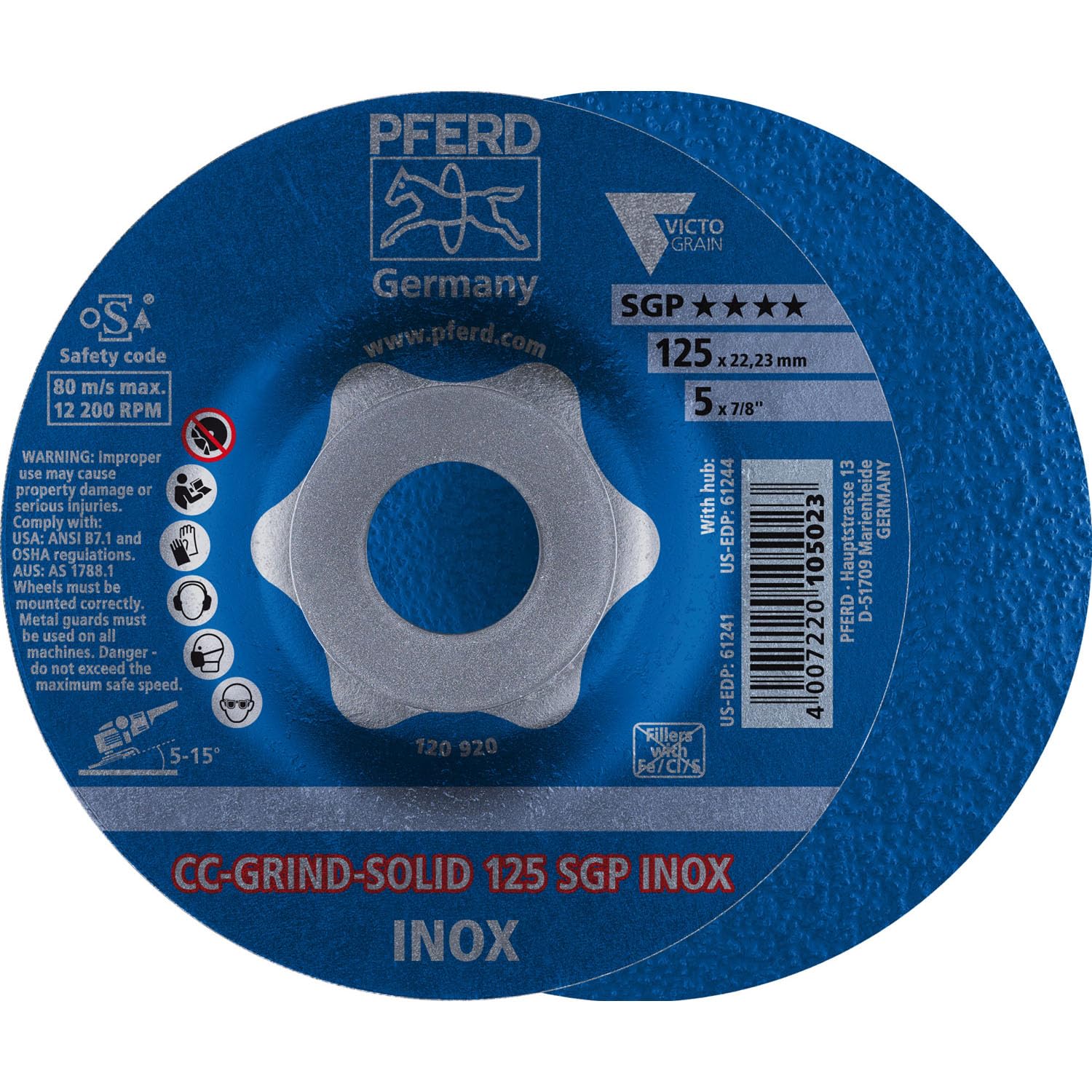PFERD 5"" CC-Grind-Solid - 7/8"" A.H. - SGP INOX (61241) (10/Each)