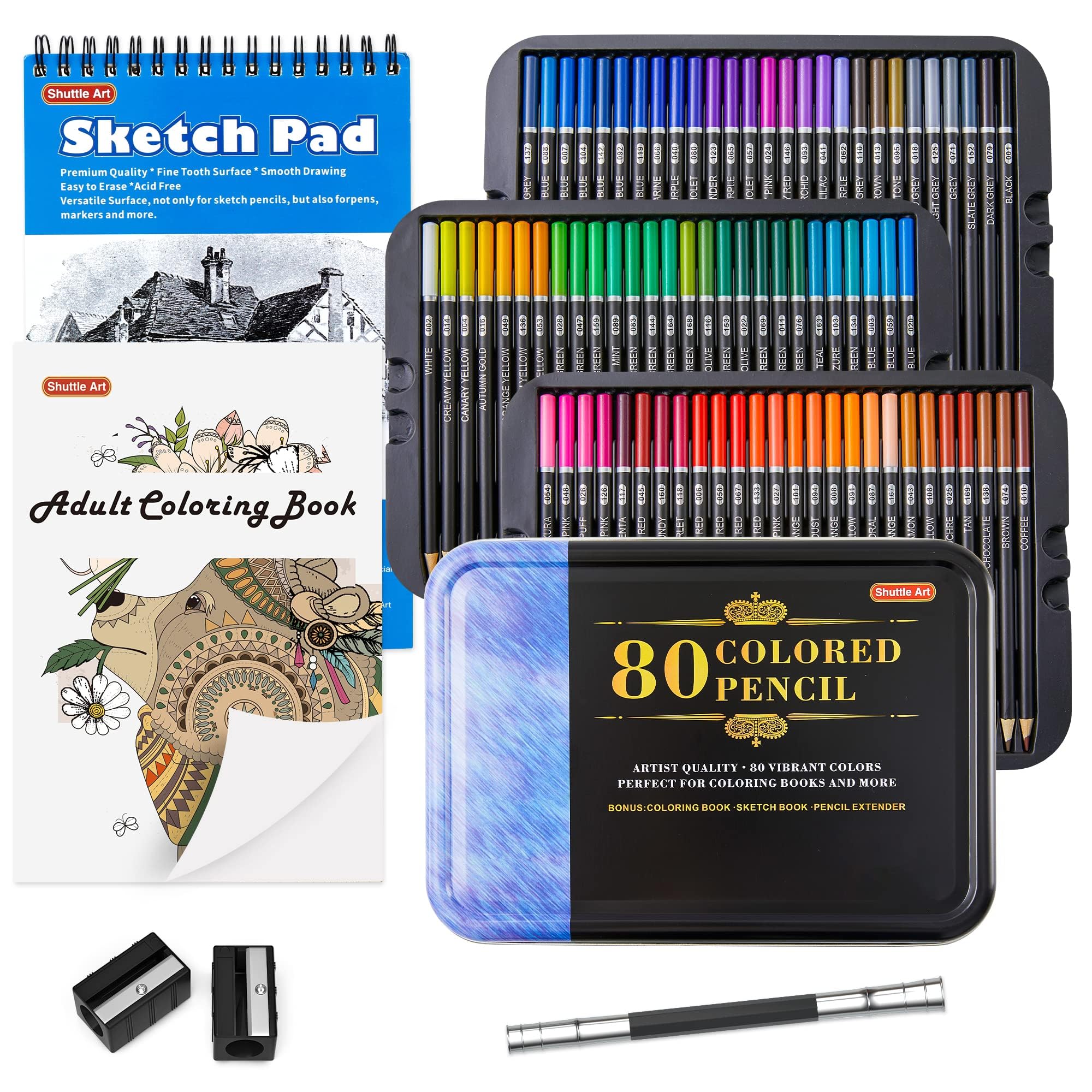 Shuttle Art Lápices de Colores Profesionales, 80 Colores Estuche de Colores con Libro de Colorear, Bloc de Dibujo y Sacapuntas, Lápices Colores para Niños Adultos para Dibujo, Mandala, Colorear