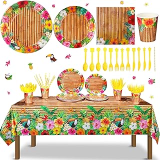 Frienda 130 Pcs Tiki Party Supplies Sets Hawaiian Party Decor Luau Plates and Napkins Party Supplies Tiki Tablecloth Aloha Tropical Plastic Cup Straw Knife Fork for Hawaii Tiki Summer Party, Serves 16