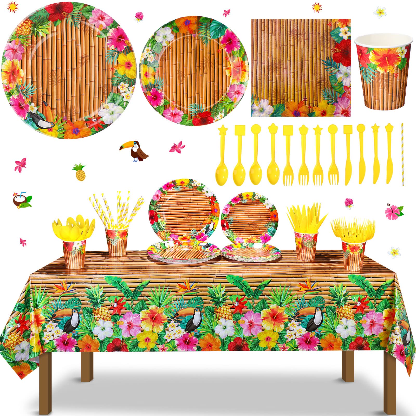 Frienda 130 Pcs Tiki Party Supplies Sets Hawaiian Party Decor Luau Plates and Napkins Party Supplies Tiki Tablecloth Aloha Tropical Plastic Cup Straw Knife Fork for Hawaii Summer Party, Serves 16