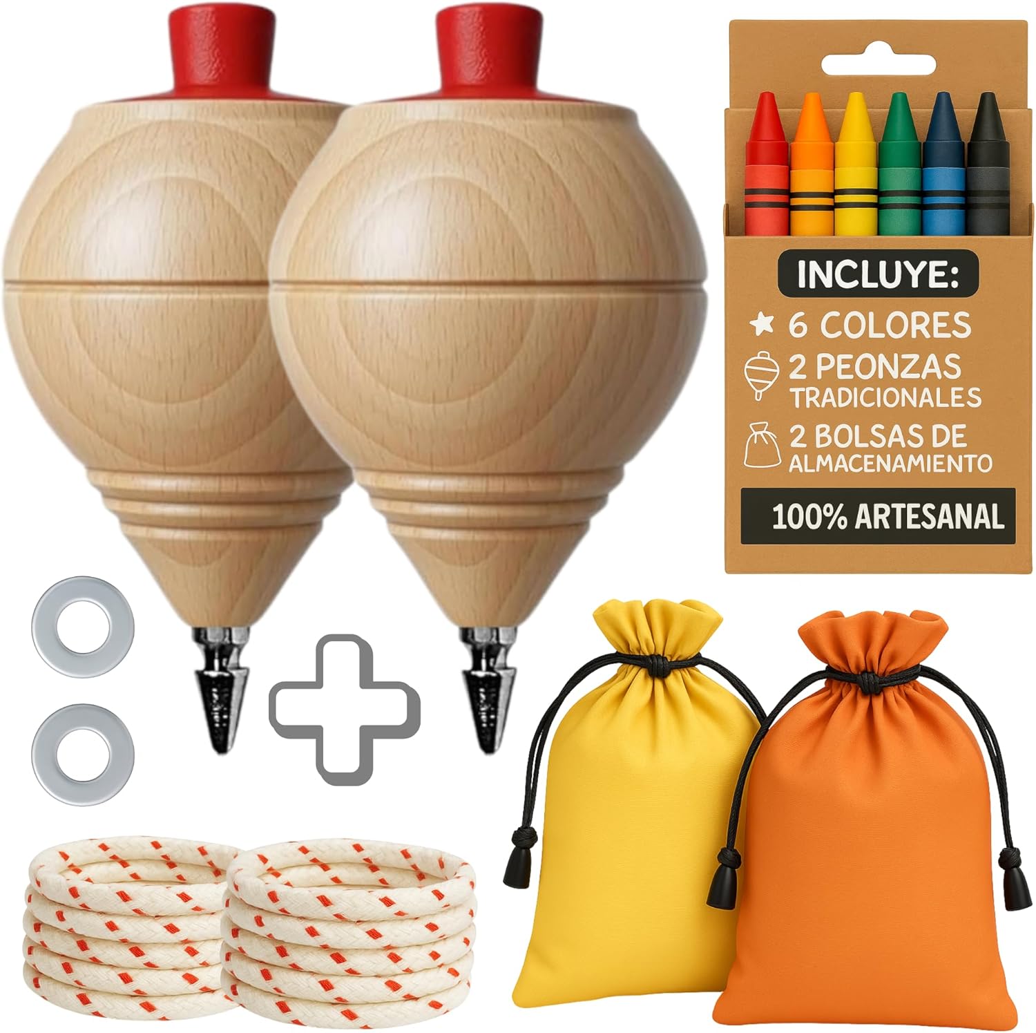 AF® – Wooden Spinning Top, Set 2 Children Spinning Tops + 6 Coloured Waxes for Children | Customize Your Traditional Wooden Spinning Top with Pen Tip | Students End of Year Detail