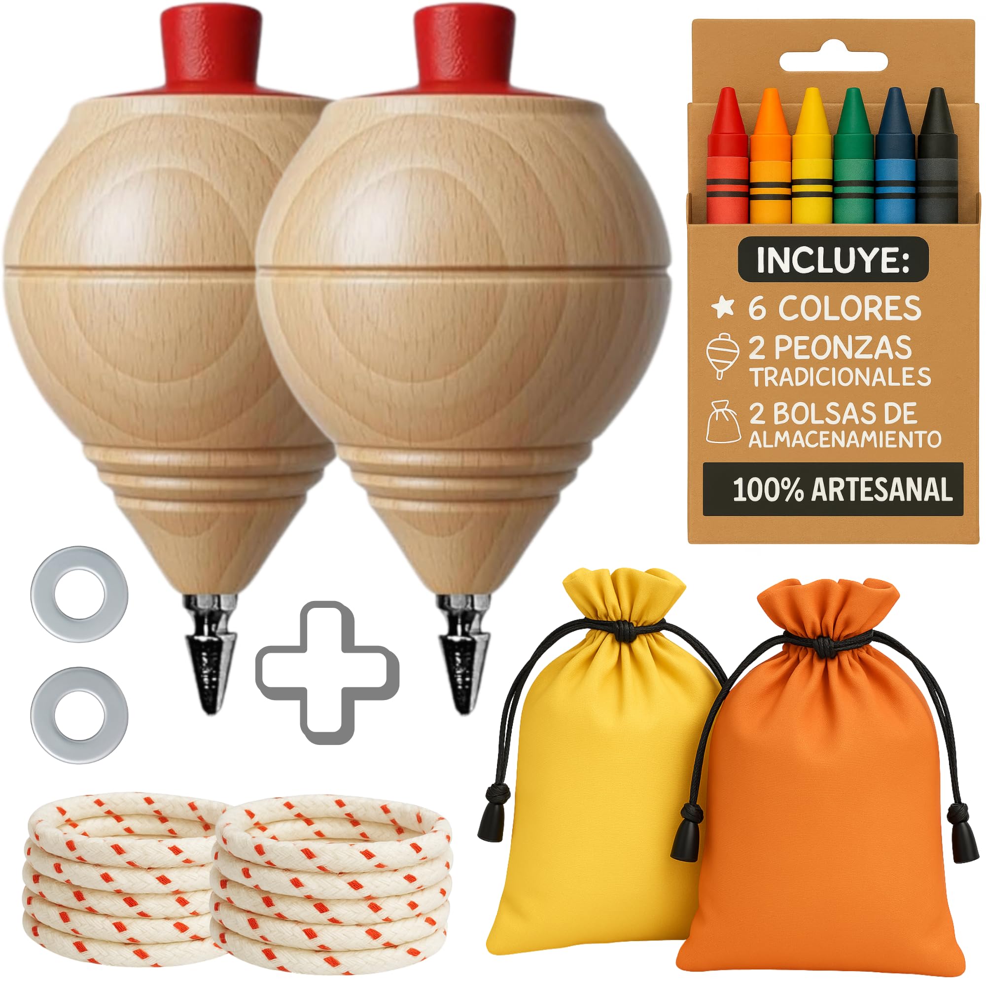 AF® - Peonza Madera, Set 2 Peonzas Niños + 6 Ceras de Colores para Niños + 2 bolsas transporte y 2 arandelas para la cuerda | Personaliza tu Trompo de Madera Tradicional — view 9