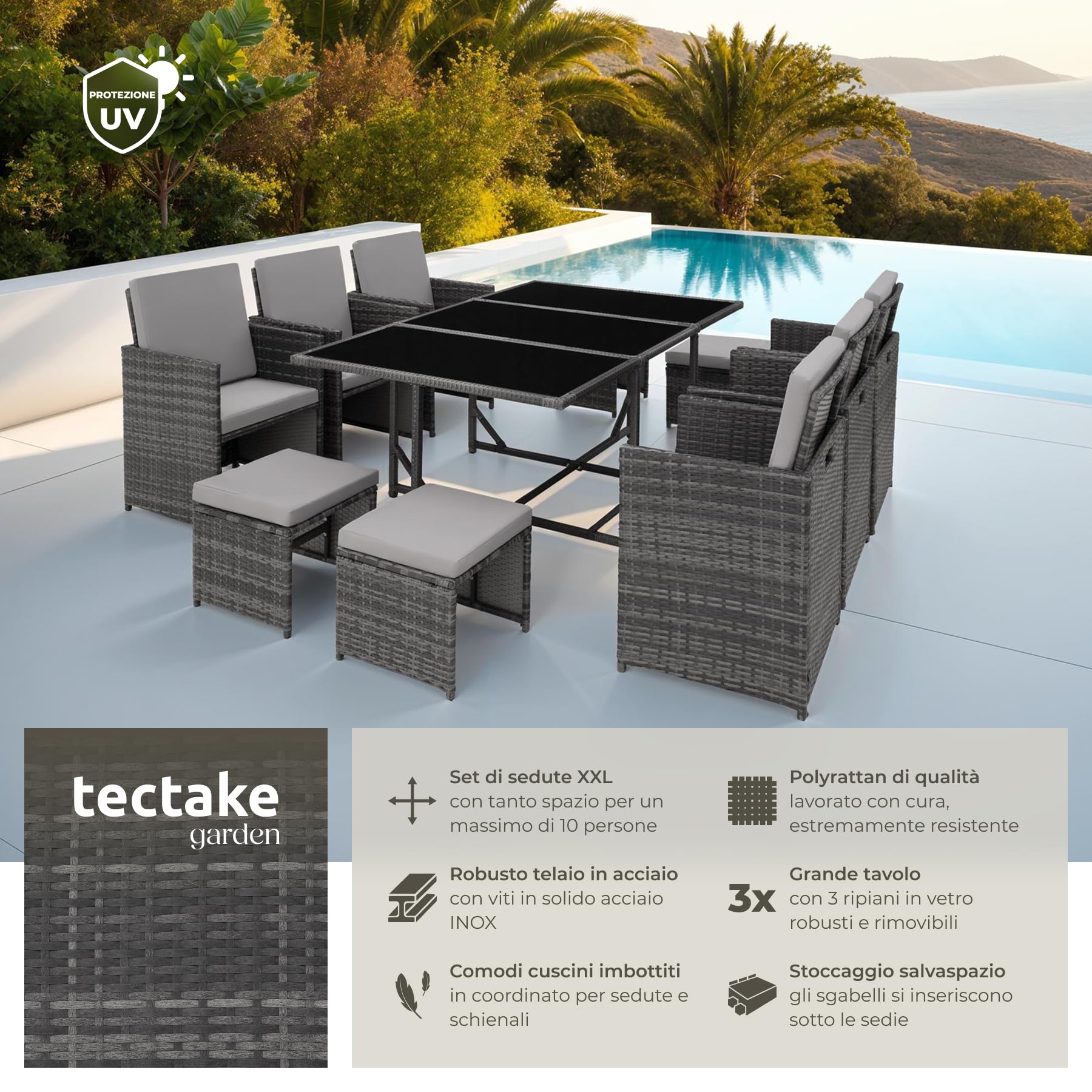 Tectake Set di Mobili Poli Rattan 6 Sedie 1 Tavolo Vetro 4 Sgabelli Involucro Protettivo Giardino Grigio