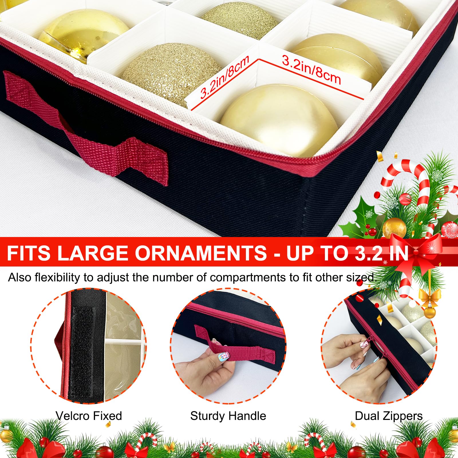 Caja de almacenamiento de adornos de bolas de Navidad con divisores, 4 organizadores plegables de decoraciones de Navidad con 2 asas y tapas para vacaciones (negro)