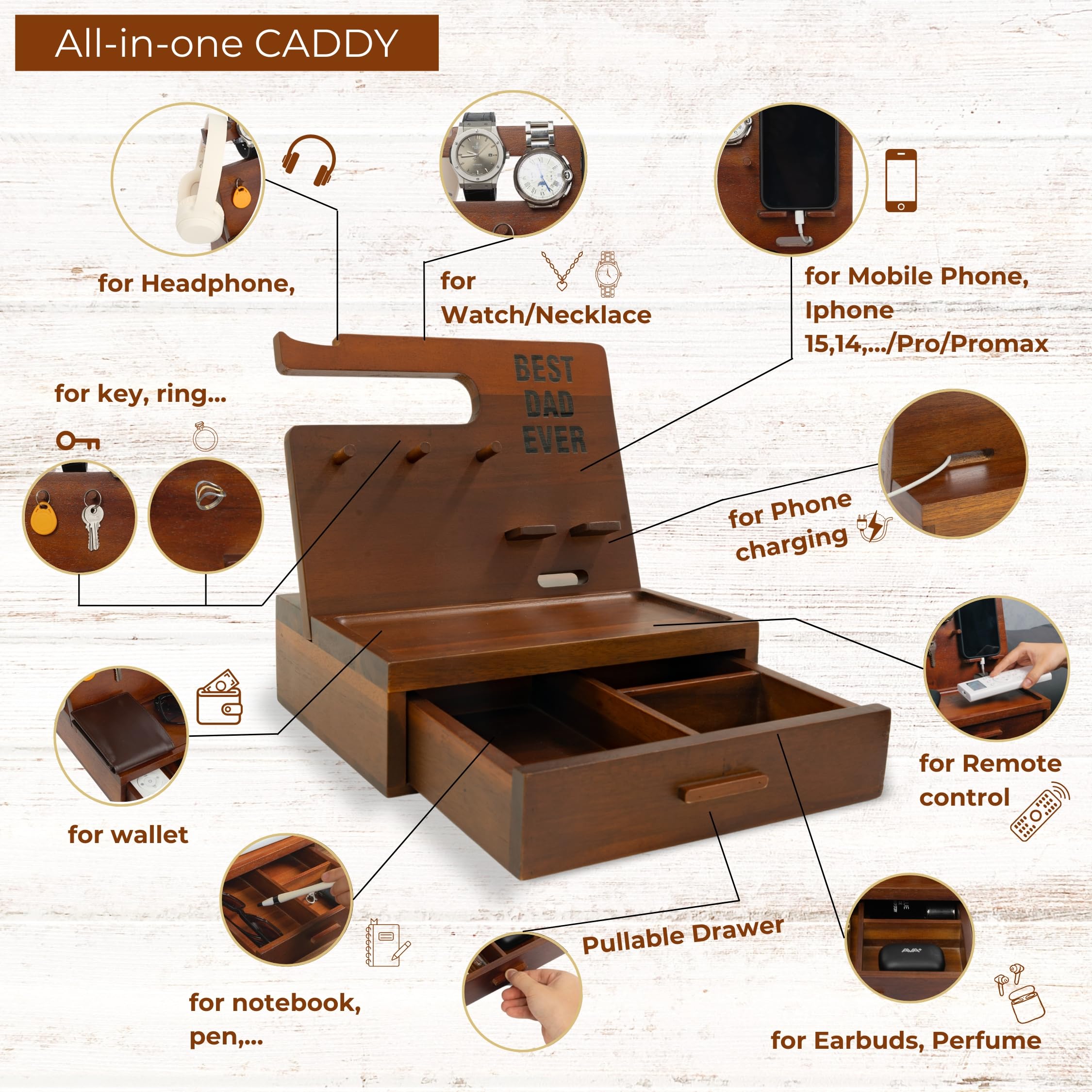 KOLWOVEN Nightstand Organizer Tray , Fathers Day Birthday Gifts from Daughter, Best Gifts for Father, Gifts for Dad, Dad Gift Organizer, Best dad ever Gifts For Men from wife and Son (For DAD)