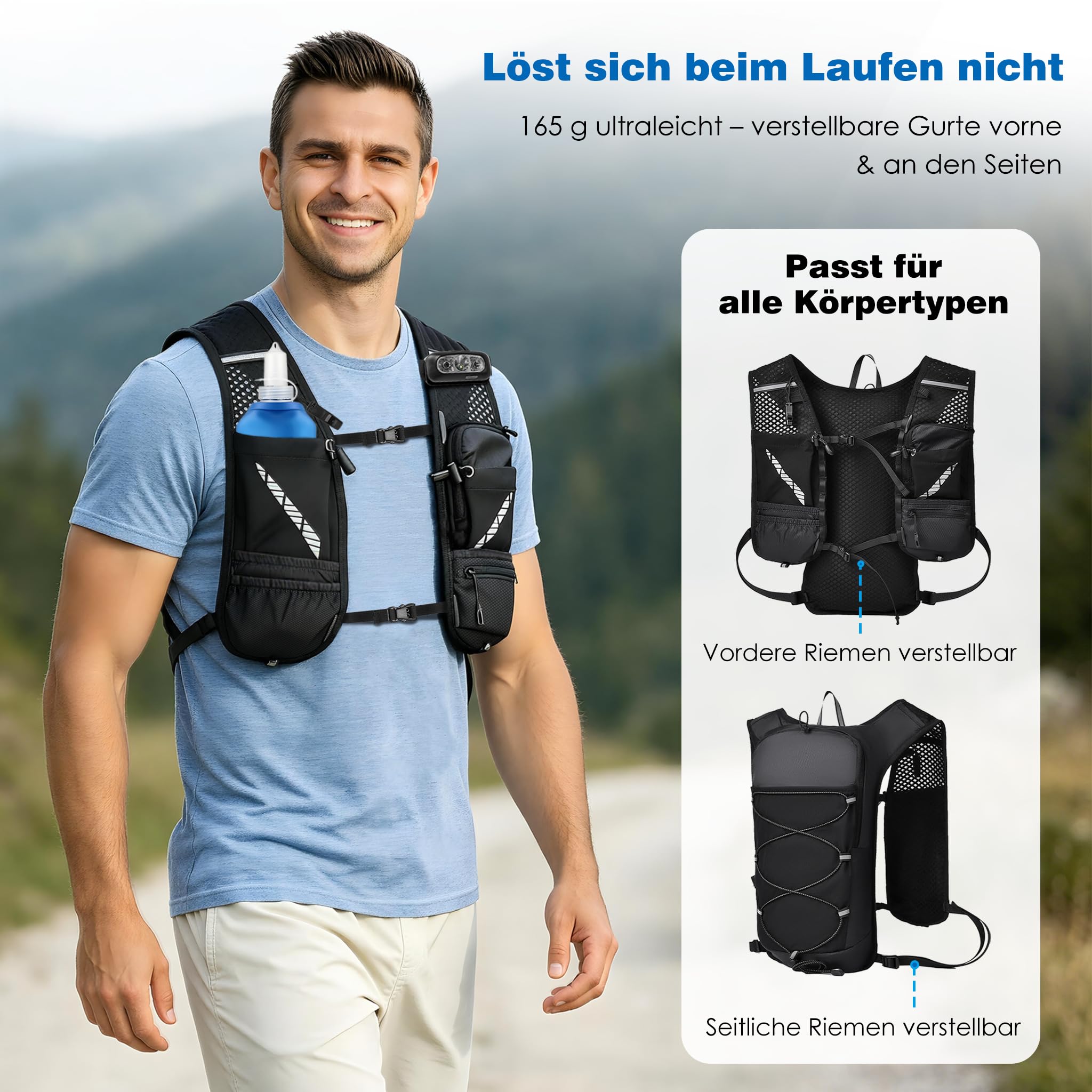 FIVAVA - Laufweste für Damen und Herren – mit 2 faltbaren Trinkflaschen (500ml) – Reflektierende Running Vest mit Trinkrucksack – Ideal für Marathon, Trailrunning, Jogging & Radfahren