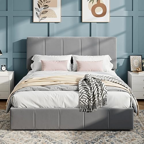 SHA CERLIN - Marco de cama tamaño Queen tapizado en terciopelo, cama de plataforma con cabecera ajustable con canales verticales, marco de cama de