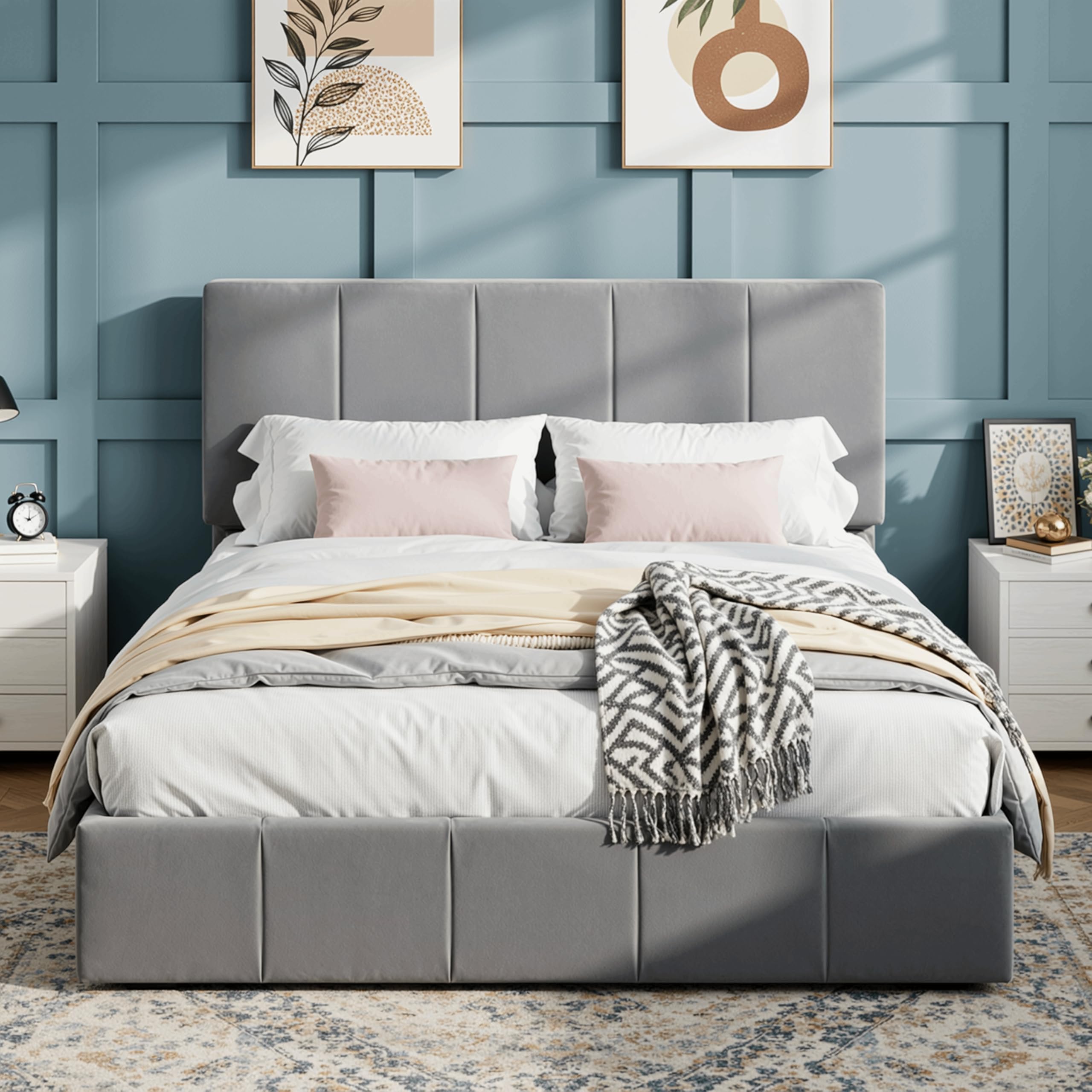 SHA CERLIN Queen Bed Frame, Velvet Upholstered Platform Bed, Vertical Channel Tufted Adjustable Headboard, Low Profile Bed Frame, No Box Spring Needed, Easy Assembly, Grey