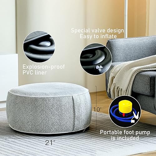 Miniatura 4 de Puf inflable otomano, 21 x 10 pulgadas, relleno otomano de chenilla con forro de PVC inflable, reposapiés con mango portátil, almohada redonda de