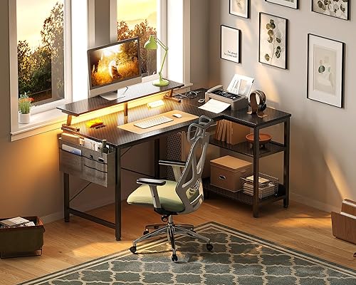 Miniatura 9 de ODK Escritorio para juegos de 40 pulgadas con tomas de alimentación USB y luces LED, escritorio reversible en forma de L con estantes de