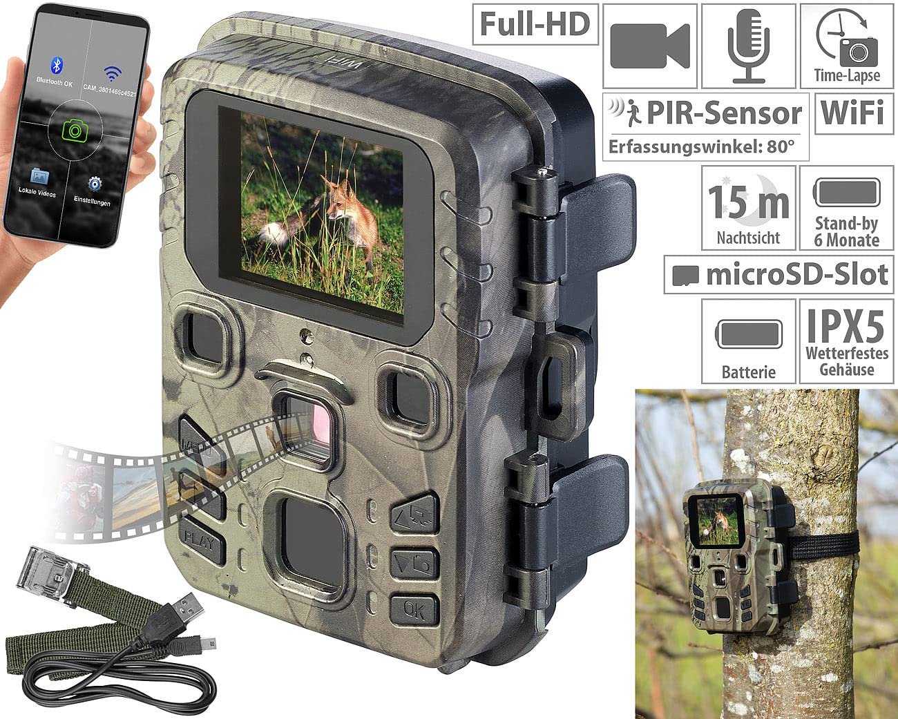 VisorTech Wildkamera WLAN-2K PIR Nachtsicht 6 Monate Stand-by App IPX5