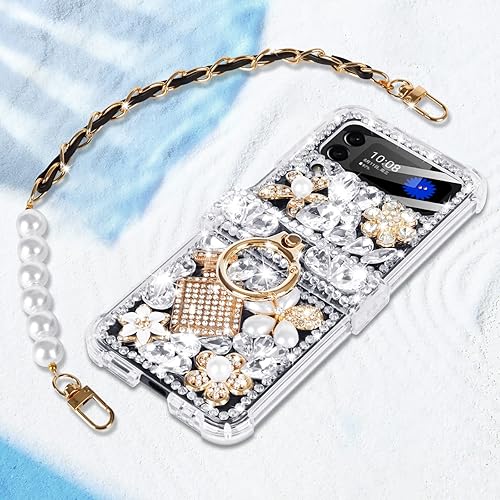 Miniatura 4 de Leiju Case Funda para Samsung Galaxy Z Flip 4 con correa, 3D hecha a mano con piedras brillantes, diamantes de cristal y purpurina para Samsung