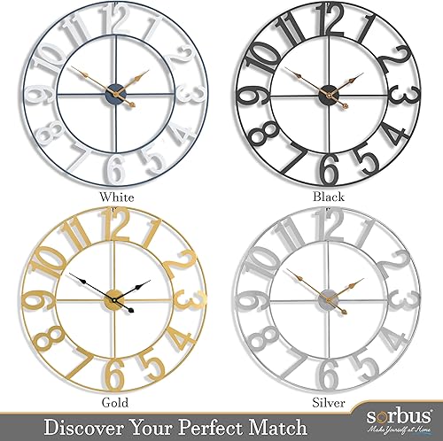 Miniatura 6 de Sorbus Reloj de pared grande para decoración de sala de estar, reloj de pared para cocina, reloj de pared de 24 pulgadas (23.6 in), reloj analógico