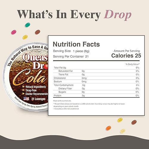 Miniatura 2 de Three Lollies Queasy Drops - Sabor a cola - Alivio de náuseas y enfermedades de viaje, alivia la boca seca y asienta el estómago - Ingredientes