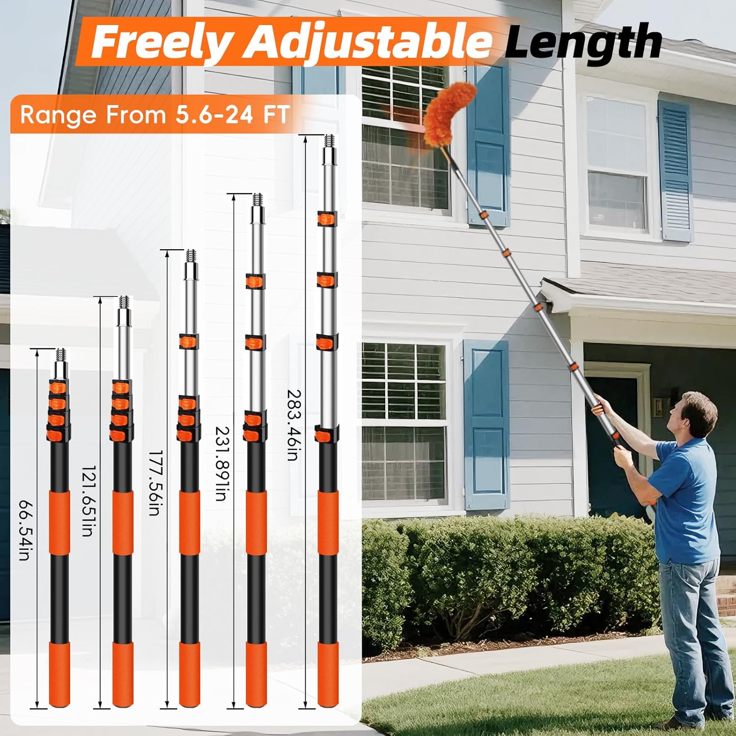 DALTACK 32 Foot High Dusters Kit for Cleaning with 5.6-24 Foot Heavy Duty Extension Pole, Extendable Reusable Cobweb, Feather, Ceiling Fan Cleaner Duster, Window Squeegee Kit