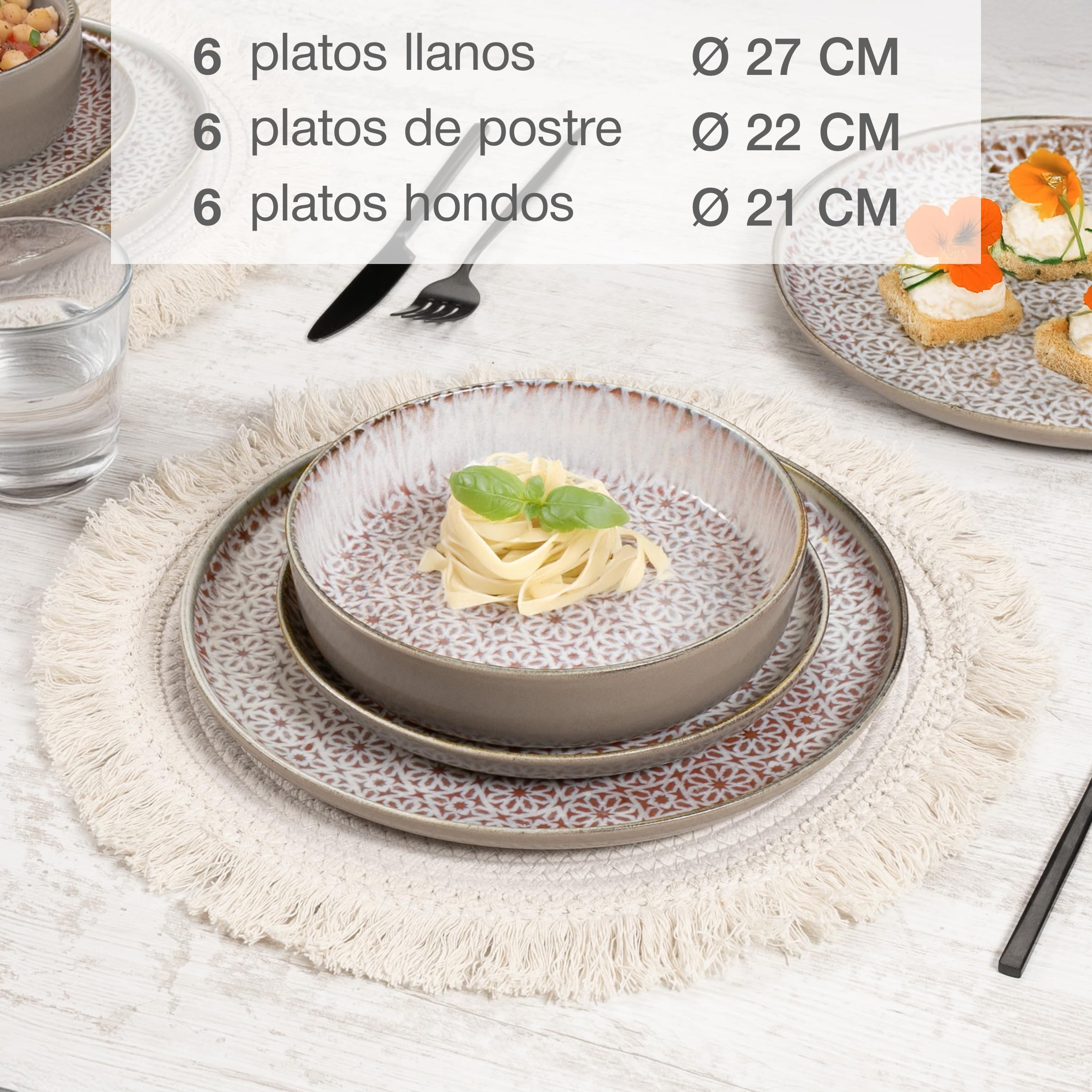 Moritz & Moritz ALHAMBRA - Vajilla para 6 personas, 18 piezas, de porcelana de alta calidad, moderna vajilla en mousse, fácil cuidado, juego de 6 platos llanos, platos de postre y cuencos
