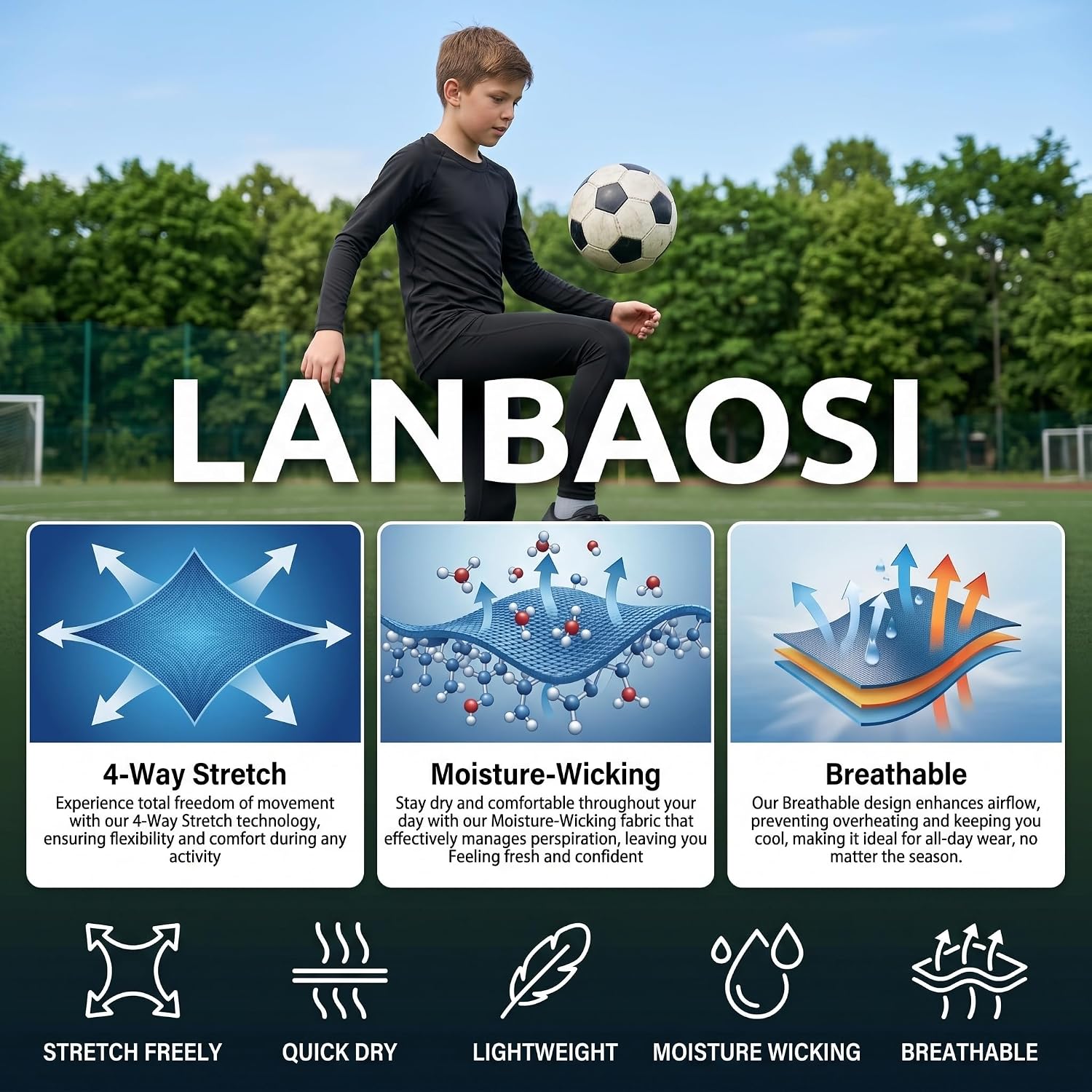LANBAOSI Youth Boys Long Sleeve Compression Set Thermal Base Layer | Long-Sleeve Top and Leggings, Insulating for Football and Soccer, Stretchy Fabric