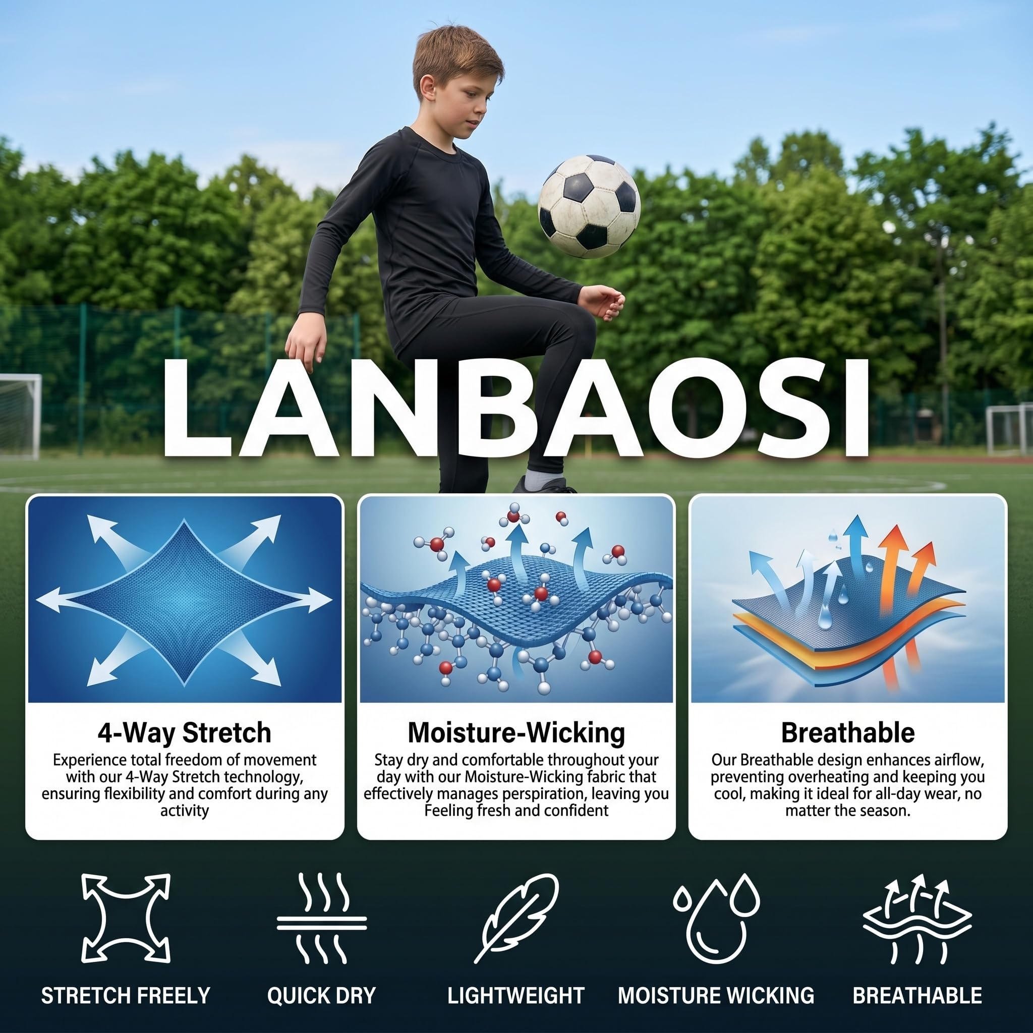 LANBAOSI Maillot de compression à manches longues pour garçon - Leggings thermiques de football - Sous-vêtement athlétique