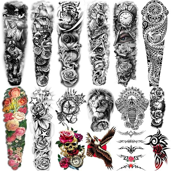 Yazhiji Extra Large Temporary Tattoos 8 Sheets Full Arm Fake Tattoos and 8 Sheets Half Arm Tattoo Stickers for Men and Women (22.83X7.1)