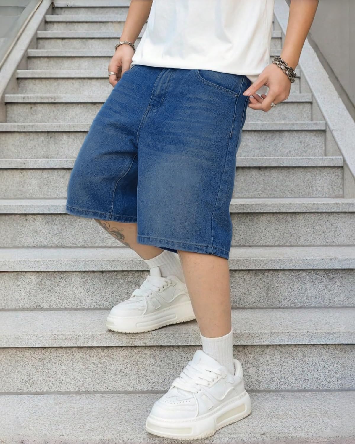 Mens Baggy Jean Shorts Loose Fit Vintage Wide Leg Jorts Y2K Streetwear Hip Hop Casual Long Denim Shorts - Image 4