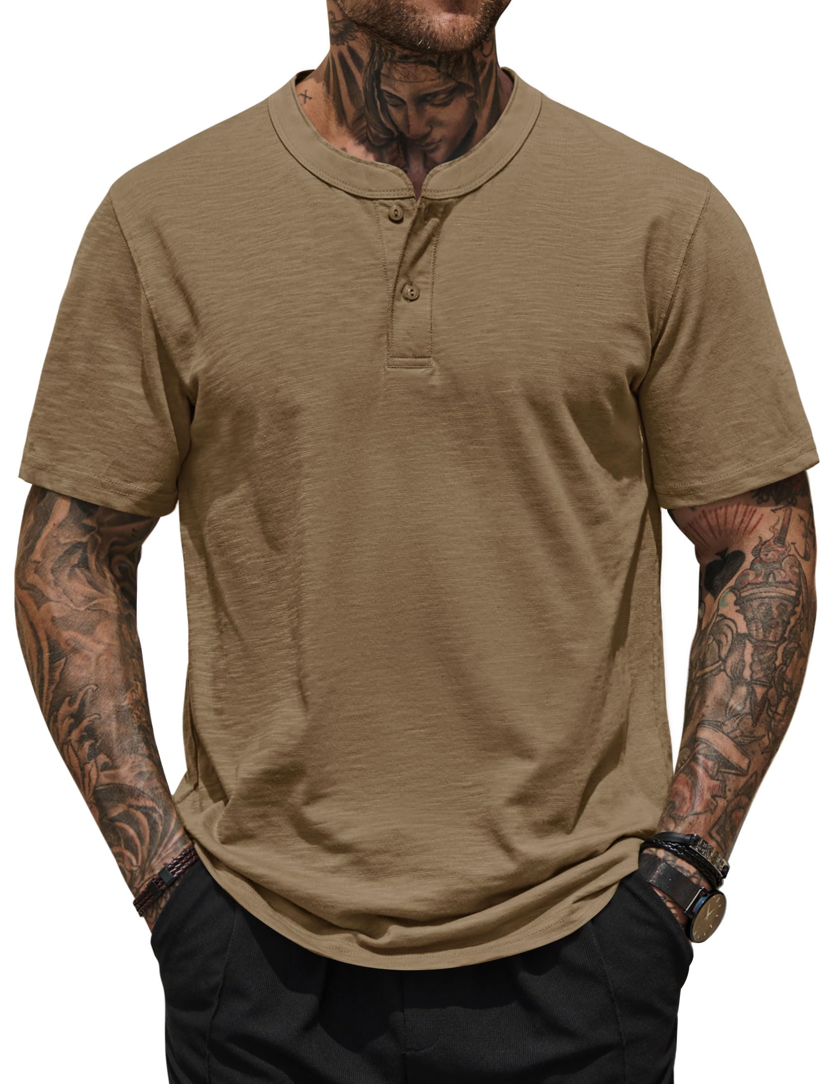 Herberton Mens Henley Shirts Casual Loose Fit Stretch Plain Short Sleeve T-Shirts (S-XXL)