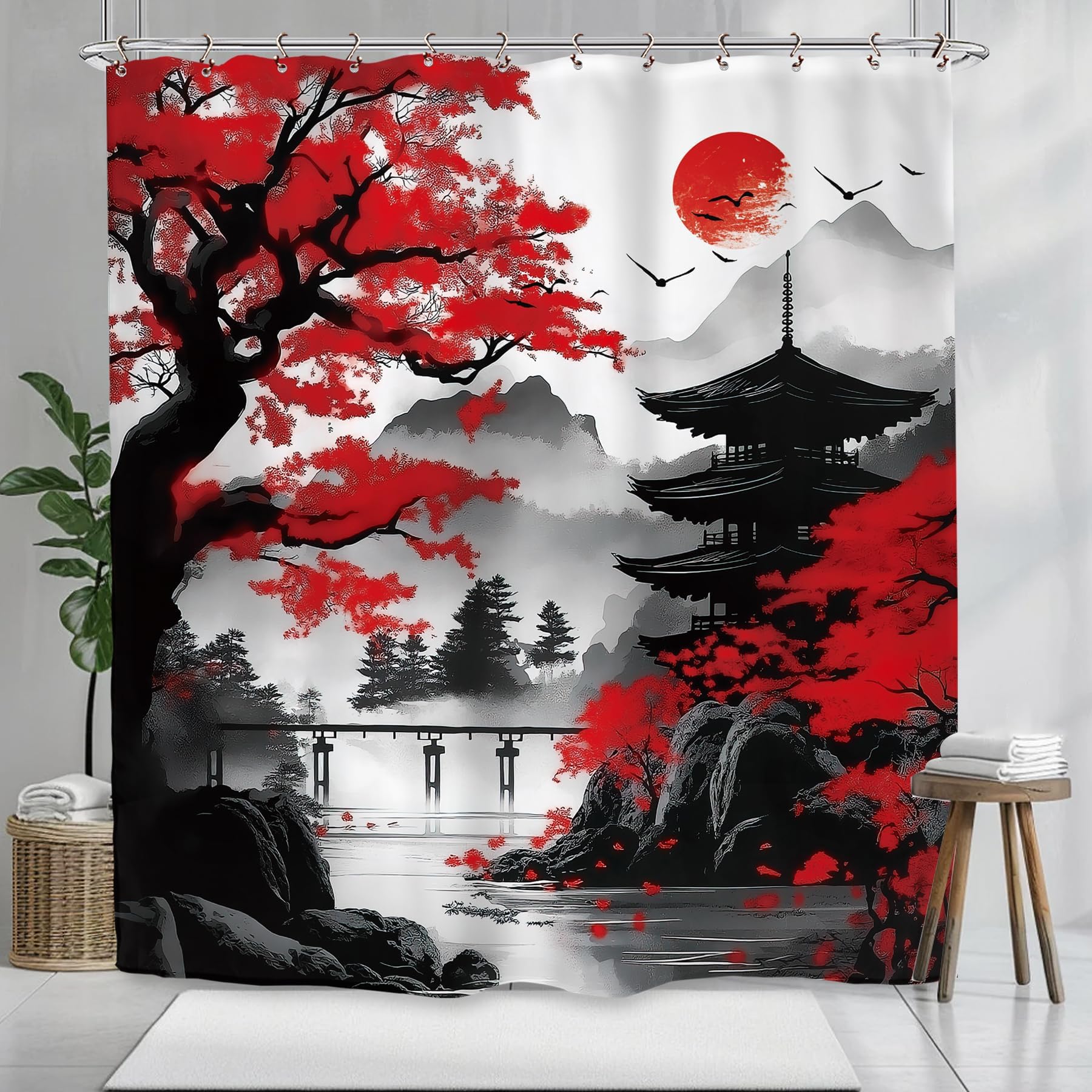 UFGFYTT Ink Wash Shower Curtain Waterproof Washable, 180x240cm(WxL) Red Maple Tree Pagoda Bath Curtain With Hooks, Japanese Zen Landscape Bathroom Decor, Moisture Proof Bathtub Curtain
