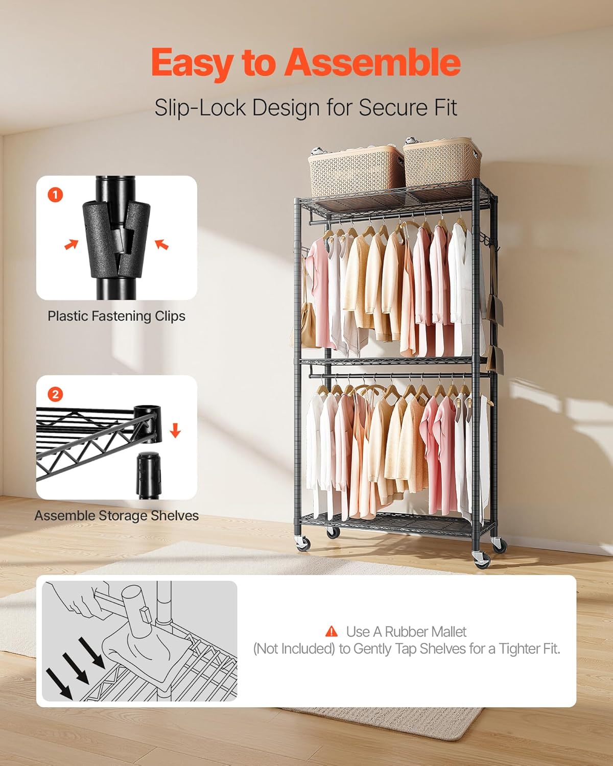 VEVOR Clothing Garment Rack, Heavy Duty Closet Wardrobe, Adjustable Tiers Clothes Racks with Steel Frame, for Bedroom, Clothing Store, Hallway